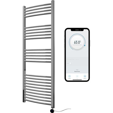Chrome Electric Smart WiFi Controlled Heated Towel Rail 500mm W x 1400mm H Curved 7 Day Programmable Timer App Compatibility (1/5)