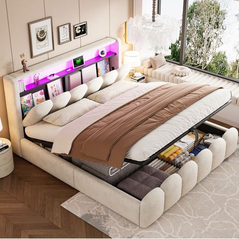 Lit double capitonné moderne en velours beige 180x200 cm avec rangement tête de lit, USB-C, LED et coffre relevable (1/5)