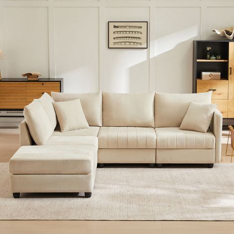 Canapé d'angle modulable - KOMHTOM - 5 places - Pouf convertible - Tissu lin et coton - Angle réversible (1/5)