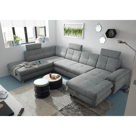 Wohnlandschaft mit Schlaffunktion und frei steckbaren Kopfstützen in Webstoff grau, U-Form mit Bettkasten links, Serie AUGUSTA-09 (1/5)