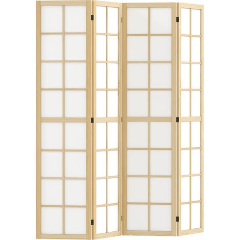 Paravent 4 panneaux pliables en bois de pin et tissu 160 x 170 cm – Séparateur d’espace et écran d’intimité naturel (1/5)