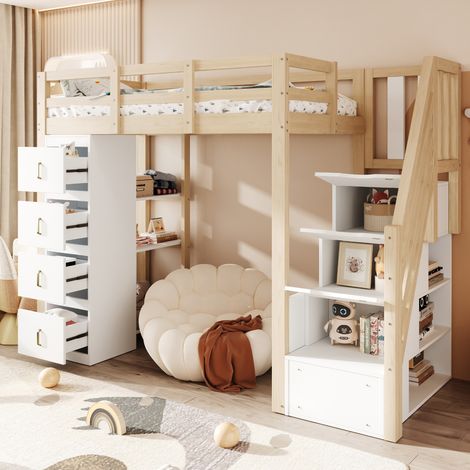 Cama alta de madera maciza color natural 90x200 cm con escalera segura con cajones, 4 cajones, estantería de 3 niveles y somier de láminas