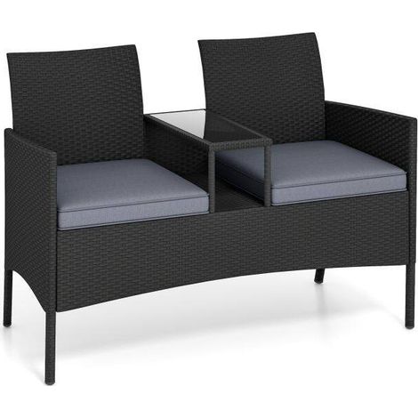 Canapé deux places de patio avec table intégrée, coussins doux et plateau en verre trempé - gris (1/5)