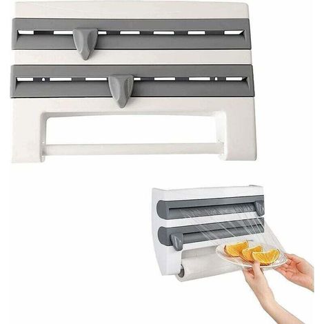 Support Dérouleur Triple Murale Pour Film Alimentaire Papier Aluminium Et Serviettes Avec Coupeur Gris