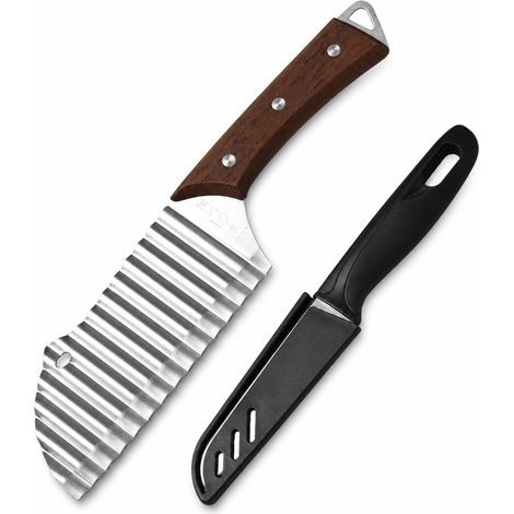 Coupe-Pommes de Terre Ondulé en Acier Inoxydable avec Manche en Bois et Couteau à Fruits, Set de Cuisine (1/5)