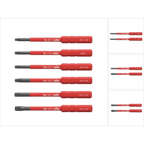 Boite de 6 embouts slim Torx, isolés 1000V T8 - T9 - T10 T15 - T20 - T25 - WIHA (1/5)