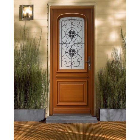 Puerta de entrada de madera con cristal Adele, H.215 x 90 cm, lado de la tabla izquierda, pomo, bombín, botÃ³n, GD MENUISERIES