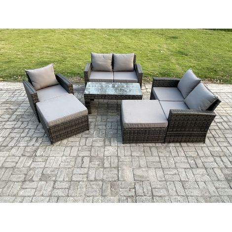 Fimous 7 Seater High Back Rattan Garden Furniture Sofa Sets with Rectangular Coffee Table 2 Big Footstool Loveseat Sofa Armchair Dark Grey Mixed (1/5)