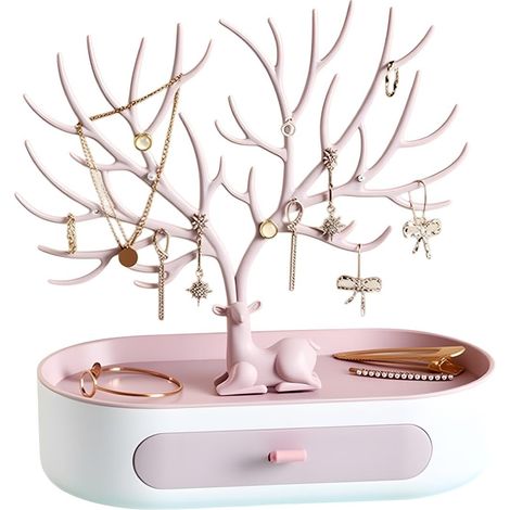 Porte Bijoux Presentoir, Rangement Bijoux Tiroir Organiseur, en Forme de Cerf, Support à Branches, 9.84×6.69×3.35inch,(Pink+powderplate) (1/5)
