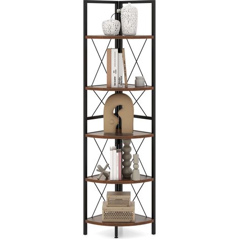 COSTWAY 5 tier Corner Bookshelf 160 CM Tall Corner Storage Shelves-Coffee (1/5)