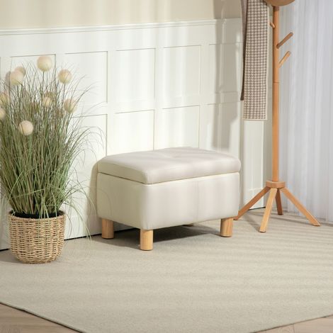 Cassettiera contenitore da camera da letto 33L con panca imbottita in PU e gambe in legno, 60x38x40 cm, colore crema.