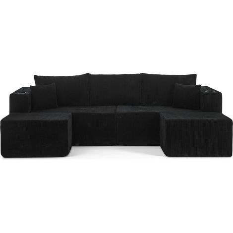 ELVMI Canapé d'angle Modulaire 3 Places avec Ottomanes Mobiles, Porte-gobelets, Poches et Coussins en Velours Côtelé Noir (1/5)