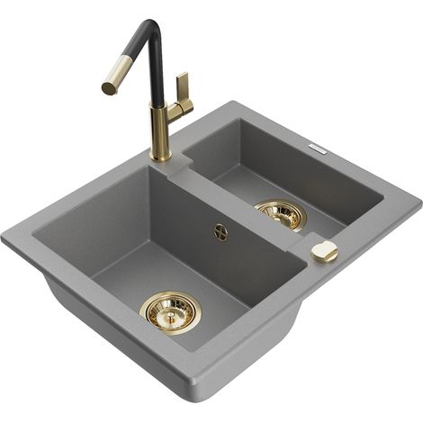 Mexen Carlos lavello in granito 1,5 vasche con miscelatore da cucina Flora, grigio - 6518-71-670401-57-G (1/5)