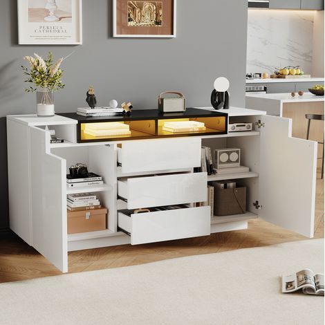 Credenza 140x40x68 cm in pannelli di legno bianco e nero con vano contenitore - FLORAGRACE (1/5)
