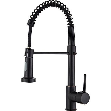 Mitigeur de cuisine avec ressort hélicoïdal, mitigeur et douchette extractible, orientable à 360°, noir, mitigeur monocommande et douchette extractible, mitigeur haute pression