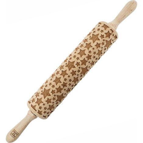 Mattarello in legno MoodForWood, goffrato, 43 cm con manici, perfetto per la cottura al forno - Motivo a stella (1/5)