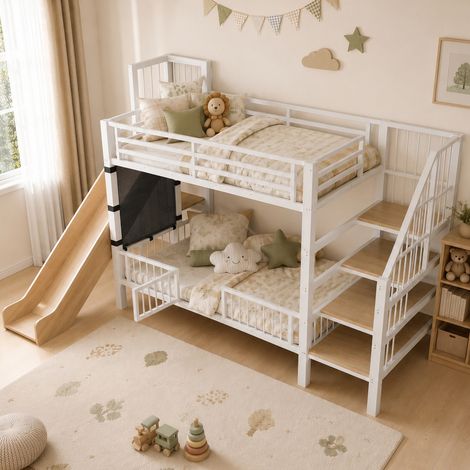 Lit mezzanine en métal pour enfants avec toboggan et escalier de rangement 90200CM, structure de lit superposé avec porte de grille de protection, étagères intégrées, lit pour enfants gain de place po (1/5)