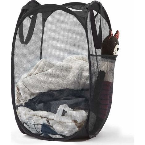 Panier à linge pop-up en maille avec poignées durables – Paniers à vêtements pliables portables pour dortoir, salle de bain et voyage (noir) (1/5)