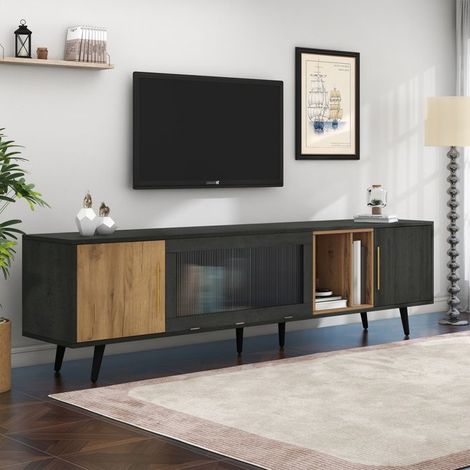 Mobile TV elegante, 200 x 40 x 55,5 cm, legno scuro, grigio e venature del legno, adatto per un televisore da 90 pollici, mobile da soggiorno