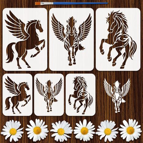 6 Styles Pochoirs Motif Cheval avec Pinceau 29,7x 21cm/20x14cm Pochoirs pour Peinture Cheval Céleste 2 Tailles Modèles Thème Animaux PET pour Peinture sur Bois Carrelage Mur Tissu (1/5)
