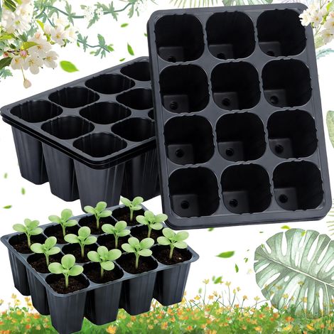 Un ensemble de 5 plateaux de semis réutilisables de 60 alvéoles avec trous de drainage, de couleur noire, adaptés aux jeunes plants. (1/5)