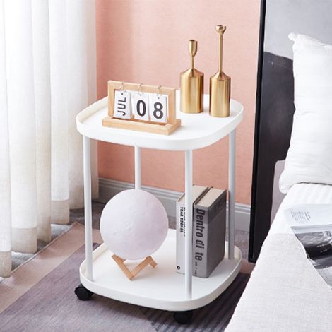 Étagère de chevet de luxe à double niveau, amovible et à roulettes, idéale pour le salon ou la chambre d'étudiant (blanche). (1/5)
