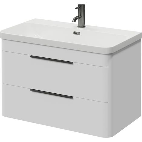 Oslo Gloss White 800mm Wall Mounted 2 Drawer Vanity Unit with Fina Basin - 800mm - Gunmetal Grey 300mm Finger Pull