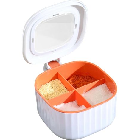 Boîte à épices avec couvercle - 4 pots à épices compartimentés avec cuillères - Grand récipient de rangement de cuisine avec poignée, compatible avec le sucre et les épices (1/5)