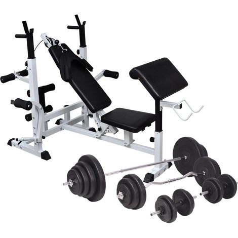 Hantelbank mit Ablage, Langhantel und Kurzhantel-Set 120 kg