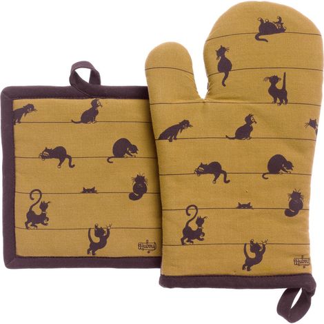 Lot de Gant et Manique de Cuisine 100% Coton Partition de Chats Cannelle 18 x 28 cm - PANGIVO (1/2)