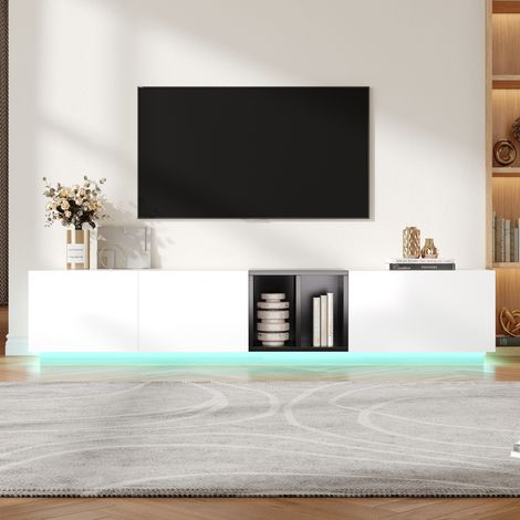 Mueble de TV blanco con contraste negro, almacenaje abierto y cajones, paneles de madera de ingeniería de 15 mm, diseño moderno (1/5)