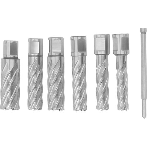 7Pcs Annulaire Cutter Set 3 Flûte Spirale Flûte Mag Drill Bit Kit Carbure en Acier de Base de Foret Set pour le Métal Perceuse Magnétique Appuyez sur 0.51in- 0.98in (1/5)