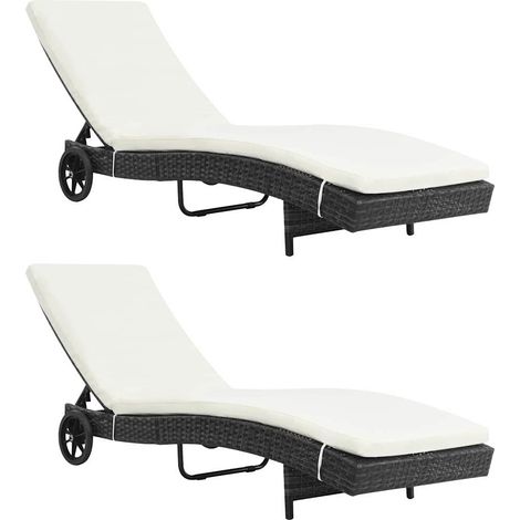 vidaXL Chaises longues lot de 2 avec roues et coussins Résine tressée (1/5)