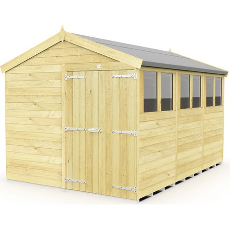 8 x 12 Feet Apex Shed - Double Door With Windows - Wood - L358 x W231 x H217 cm