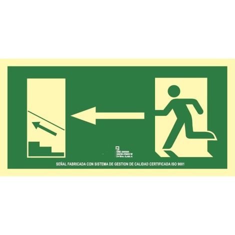Señal de evacuación escalera de subida izquierda en aluminio Clase A SEKURECO                         320 x 160 mm                          CLASE A (ALUMINIO 0'5 mm)