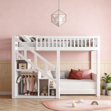 FOERPL-Kinder etagenbett 90x200 cm, 2-Personen-Etagenbett mit Stauraumtreppe, Kids Collective Hochbett Kinder Etagenbettgestell mit Lattenrost und Sicherheitsgeländer, Absturzsicherung
