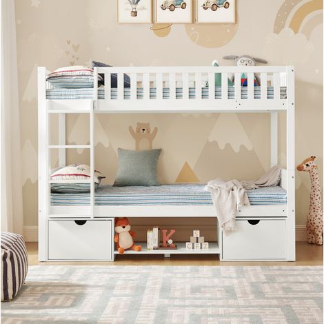 Letto a castello per bambini in legno massello bianco 90x200 cm, trasformabile in 2 letti singoli, con sponde e cassetti