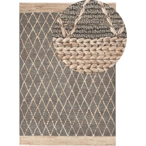 Tappeto Runner in iuta intrecciato a mano con motivo geometrico Boho Rustico 200 x 300 cm Corridoio Grigio Tellikaya