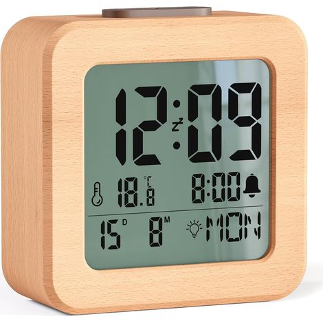 Réveil Numérique en Bois, Réveil à Piles avec Écran LCD, Réglage Automatique de la Luminosité, Snooze, Température, Date, Semaine, 12/24H(3AAA Batteries Inclus) (1/5)