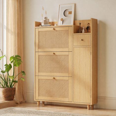 Mobile porta scarpe in MDF e legno, 3 ante ribaltabili, 1 cassetto, naturale DESVIAE (1/5)