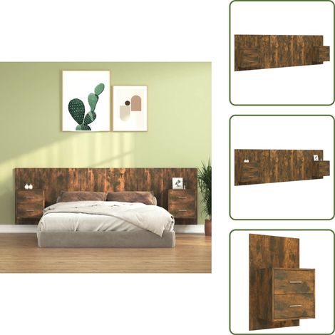 The Living Store Cabecero de cama y mesitas madera contrachapada roble ahumado - Mesitas de noche