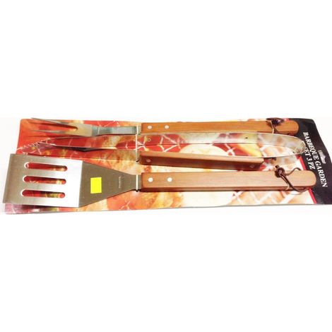 SET ATTREZZI BARBECUE CM 45 MANICO LEGNO PINZA + PALETTA + FORCHETTONE 3 PZ (1/2)