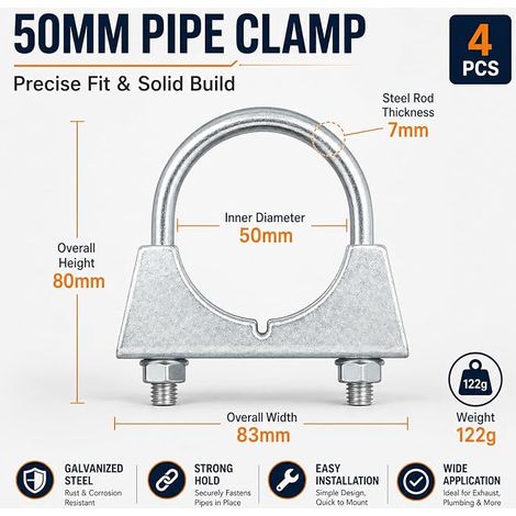 Exhaust Pipe Clamps 50mm, U Exhaust 50mm Clamp For Pipe Galvanized Steel Fitting M8 Exhaust System Car Round Tube Seamless Fitting (1/4)
