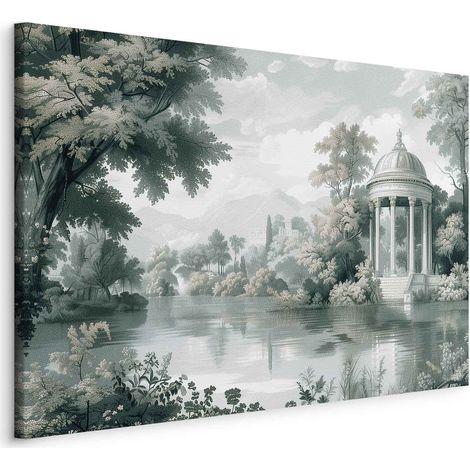 Bild – Blick auf eine Park- und Seelandschaft im Retro-Stil mit viel Grün / Landschaft mit Park und See im Retro-Stil (1/3)