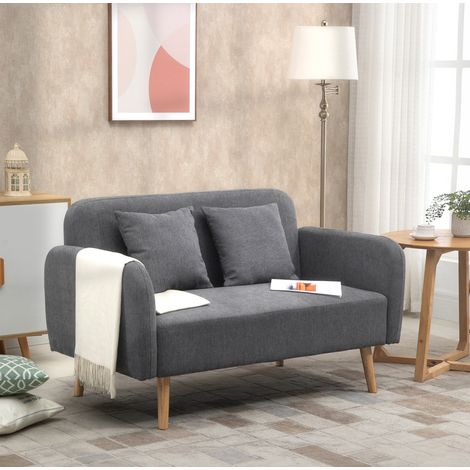 Sofá de 2 plazas (130x70x80 cm), con 2 cojines, reposapiés ajustables, patas de madera de caucho, poliéster gris (1/5)