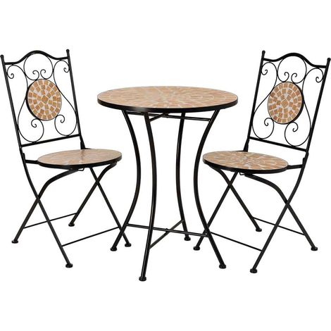 Conjunto mesa y 2 sillas de mosaico y forja negro, mesa:D60x75h-silla(2):D38x46-90h
