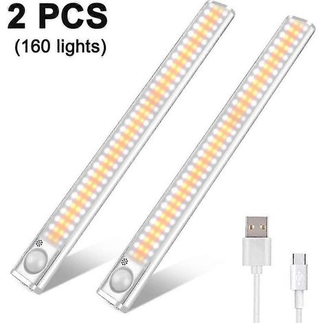 Lot de 2 lampes de placard à 160 LED avec détecteur de mouvement, éclairage sous meuble, sans fil, alimentées par batterie, à intensité variable et rechargeables. (1/3)