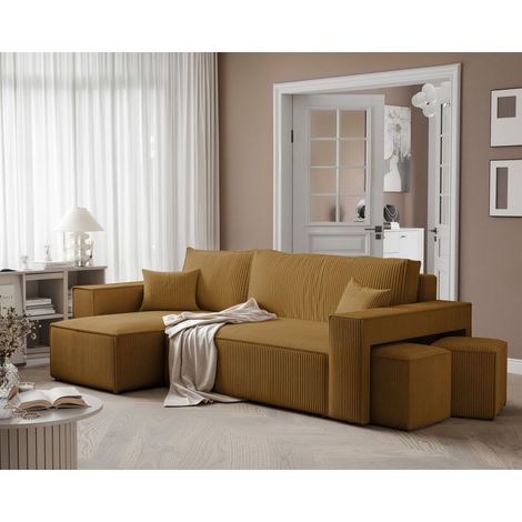 Ecksofa Schlafsofa Sofa ADARA inkl. Hocker Stoff Poso Honiggelb Ottomane Links