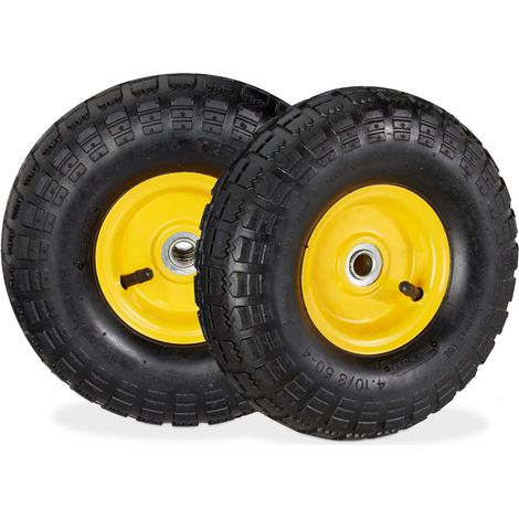 4 x Sackkarrenrad 4.1/3.5-4, luftbereifte Ersatzräder, für 16 mm Achse, bis 136 kg, Stahlfelge, 260x85 mm, schwarz-gelb