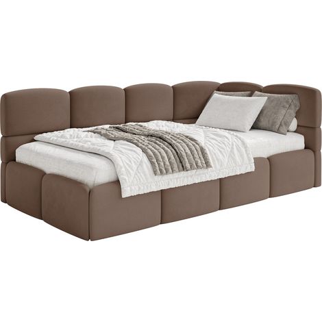 Selsey Cloudy – Jugendbett 120 cm, Bettkasten, Velours wasserabweisend, Kopfteil rechts, Braun